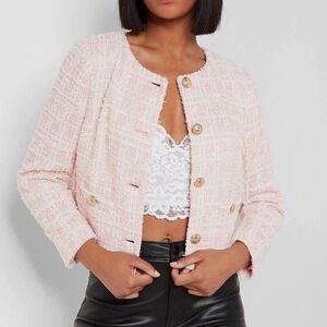 Express Pink Tweed Cropped Blazer with Gold Buttons